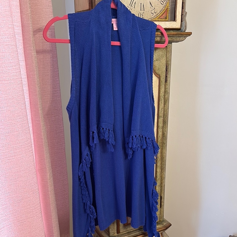 Lilly Pulitzer Blue Sleeveless Fringe Cardigan